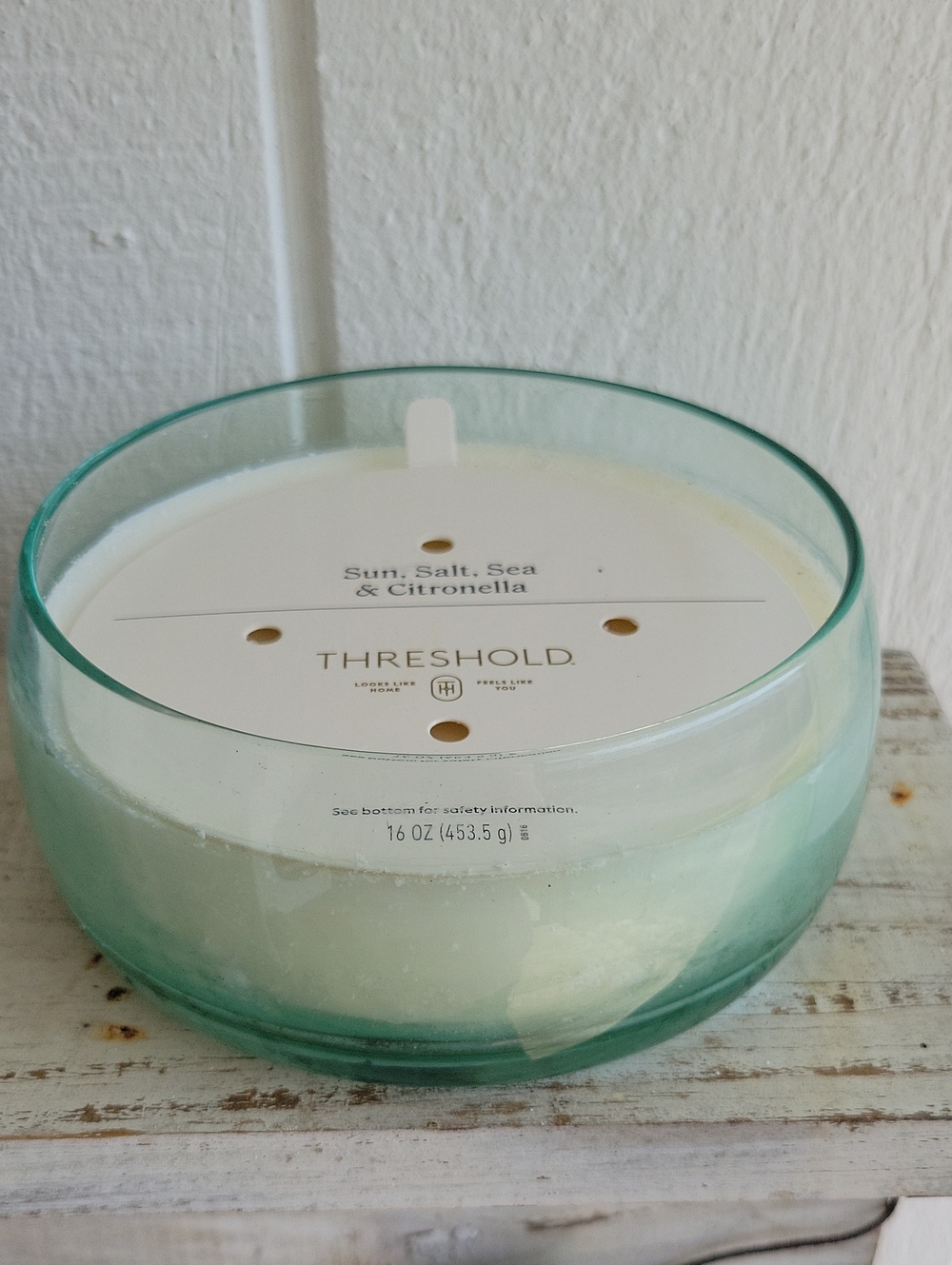 Threshold Seafoam Green Glass 3-Wick Candle Citronella Sun, Salt, Sea